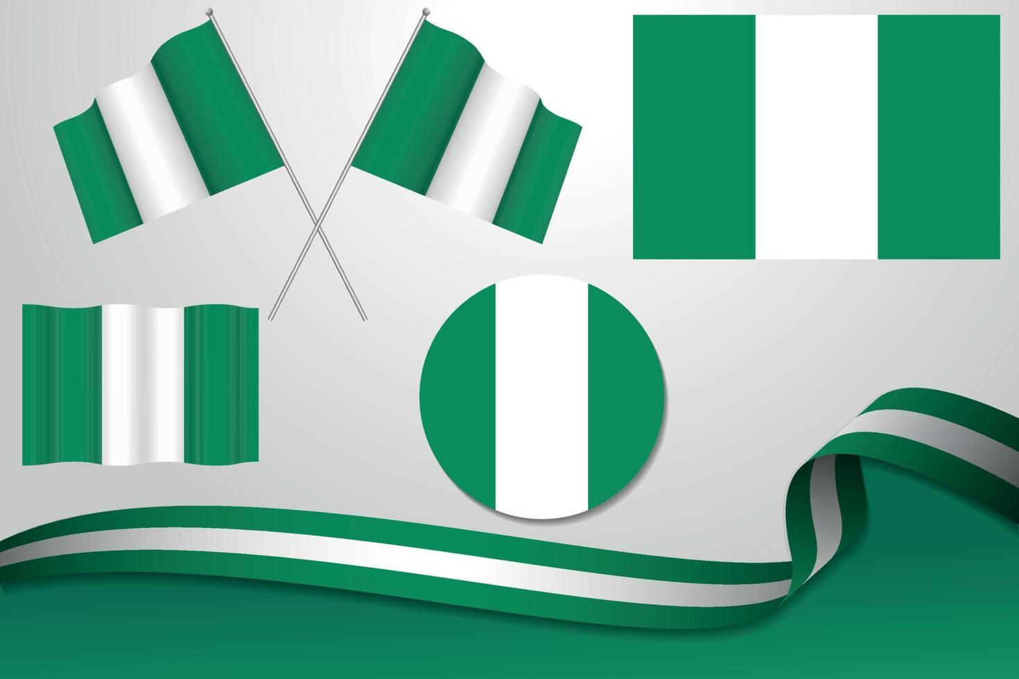 uppsättning nigeria flaggor i olika mönster, ikon, flagande flaggor med band med bakgrund. gratis vektor