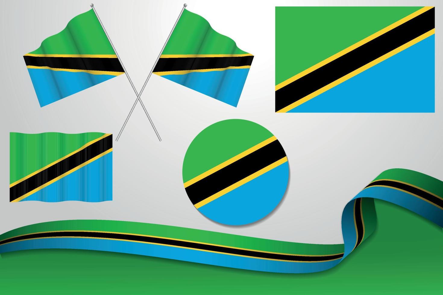 satz von tansania-flaggen in verschiedenen designs, symbol, häutende flaggen mit band mit hintergrund. kostenloser Vektor