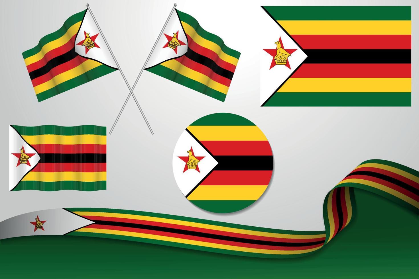 satz simbabwe-flaggen in verschiedenen designs, symbol, häutende flaggen mit band mit hintergrund. kostenloser Vektor