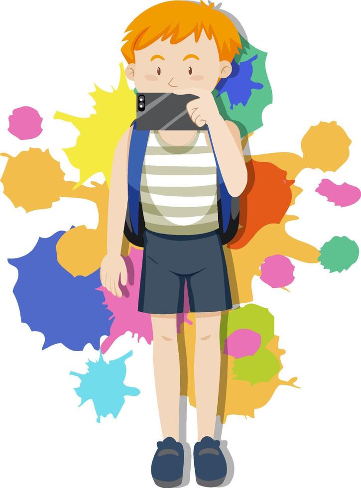 pojke med ryggsäck och kamera på färgglad bakgrund vektor
