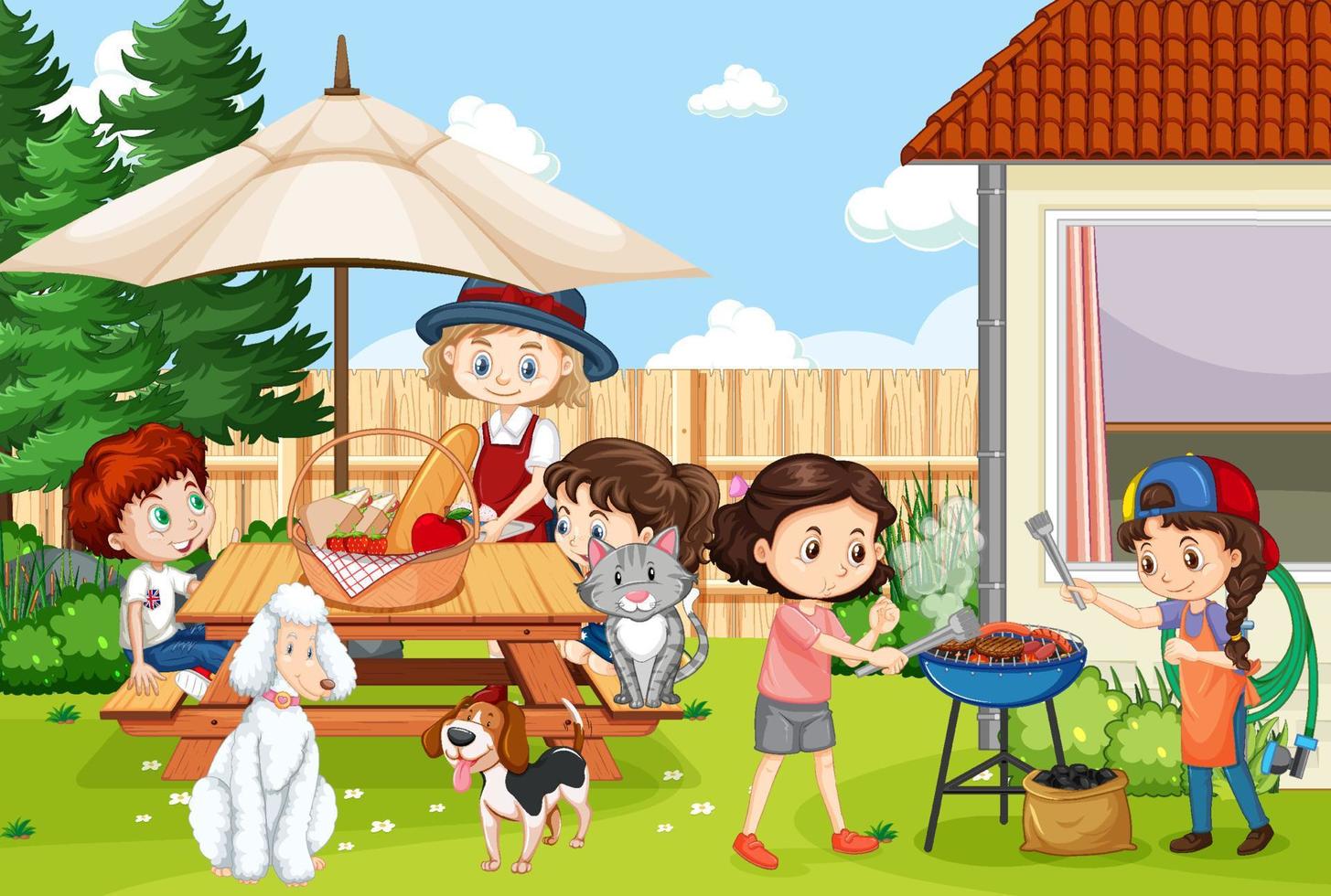scen av bakgård med barn och staket vektor