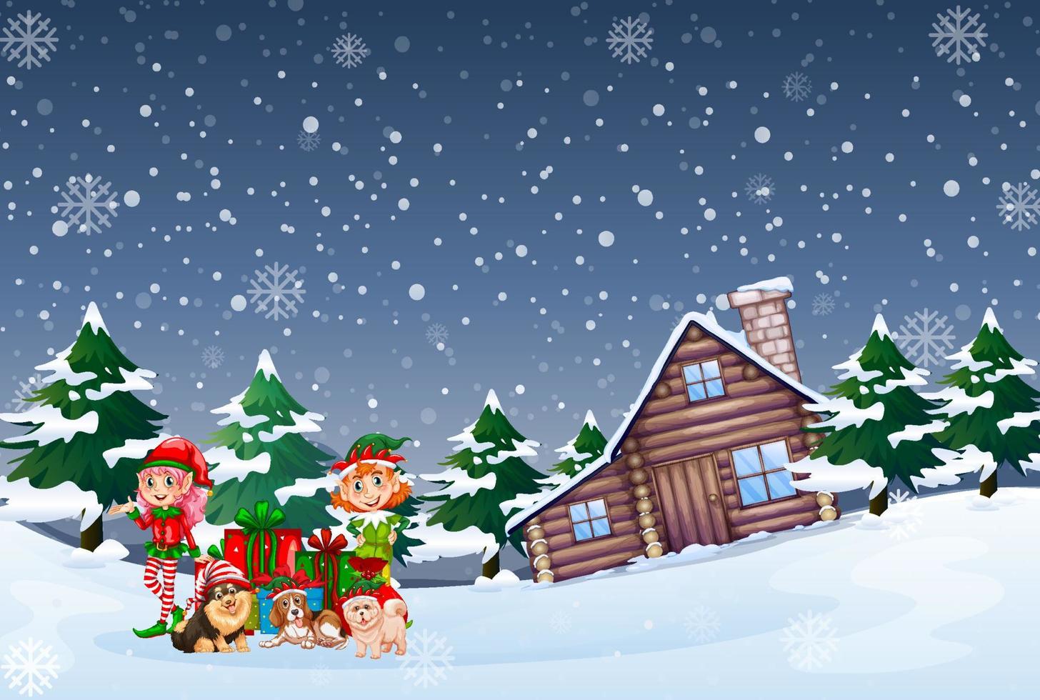 verschneite Nachtszene mit Elfen und Hunden im Cartoon-Stil vektor