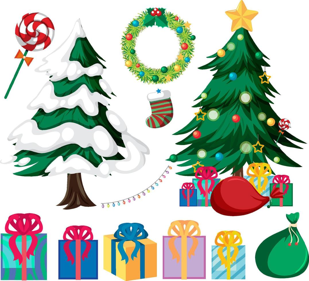 julset med träd och dekorationer vektor