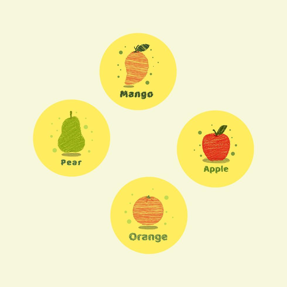 klottrar päron, äpple, apelsin och mango frukt design vektorillustration vektor