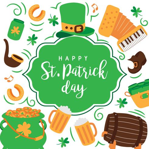Handdragen Saint Patrick&#39;s Day Background. Irländsk musik, leprechaun hatt, flaggor, öl rånar, kruka med guldmynt. vektor