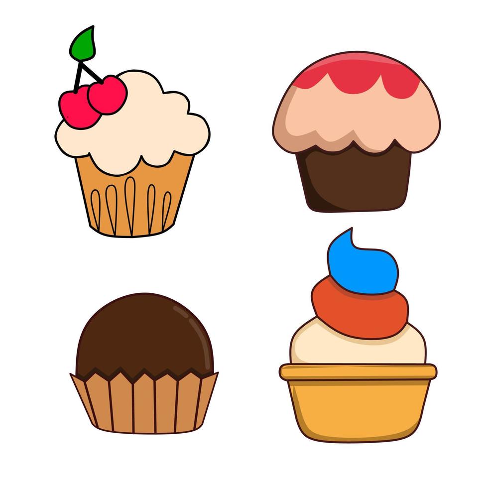 cup cake vektor set, platt illustration med söta färger och redigerbar linje på vit bakgrund. vektor