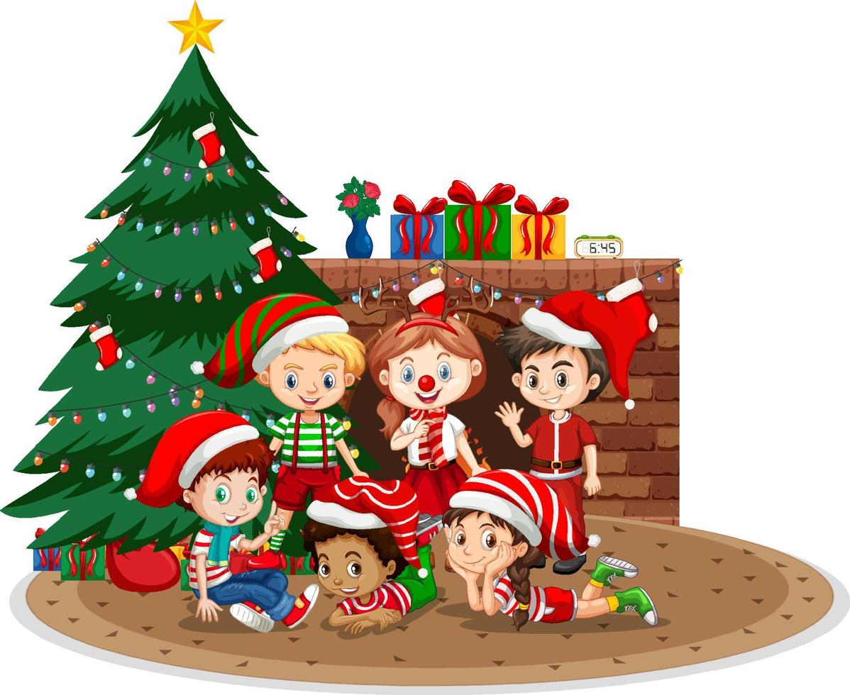 glückliche kinder, die weihnachten auf weißem hintergrund feiern vektor