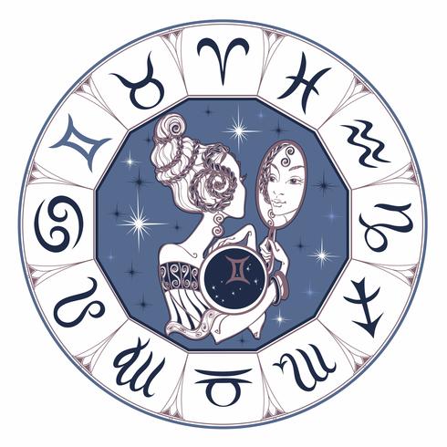 Zodiac tecken Gemini en vacker tjej. Horoskop. Astrologi. Vektor. vektor