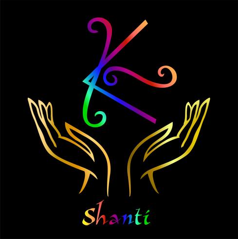 Karuna Reiki. Energieheilung. Alternative Medizin. Symbol Shanti. Spirituelle Praxis. Esoteric.Open Handfläche. Regenbogenfarbe. Vektor