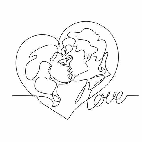 Kontinuerlig linje ritning - ett par kyssar. Kärleksfull man och kvinna. Hjärta. Kärlek. Alla hjärtans kort. Vektor. vektor