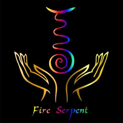 Karuna Reiki. Energieheilung. Alternative Medizin. Symbol Feuerschlange. Spirituelle Praxis. Esoteric.Open Handfläche. Regenbogenfarbe. Vektor