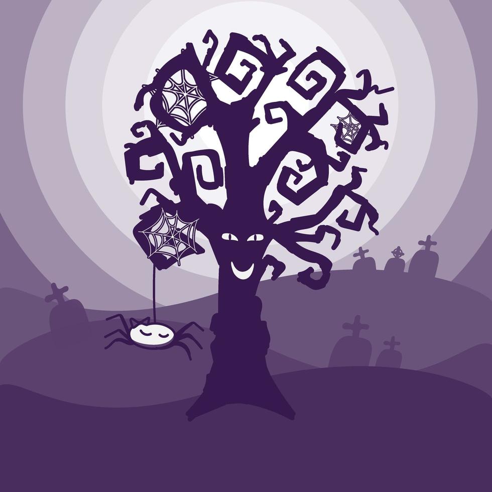 halloween kort mall, ritad i en doodle stil. söta träd och spindelnät. kullar och gravar. monogam bakgrund för halloween. vektor