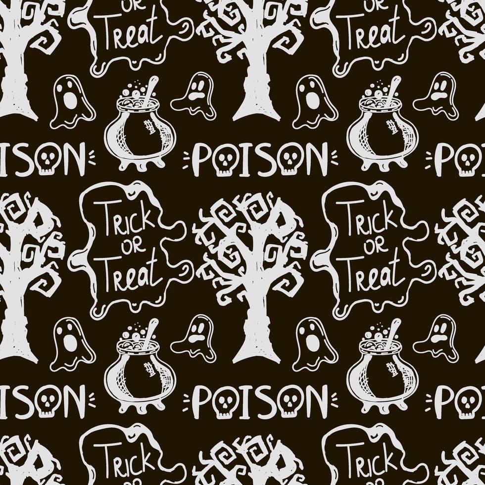 Nahtloser schwarzer Hintergrund mit Halloween-Elementen im Doodle-Stil gezeichnet. düsterer Baum, Geister, Schriftzüge und ein Kessel voller Zaubertränke. monogamer Halloween-Hintergrund. vektor