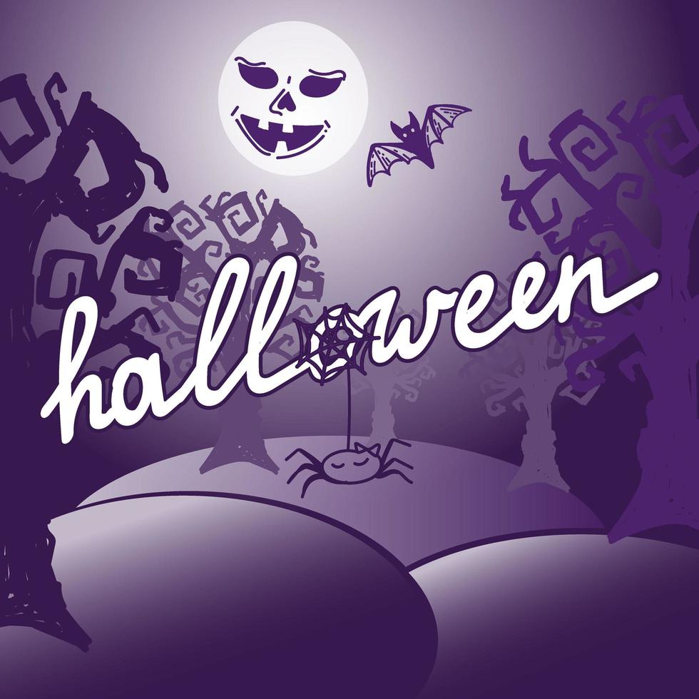 halloween-kartenvorlage, gezeichnet in einem gekritzelstil. düstere Bäume und ein Mond mit einem Lächeln. handgeschriebener Schriftzug und eine Spinne mit einem Spinnennetz. monogamer Halloween-Hintergrund. vektor