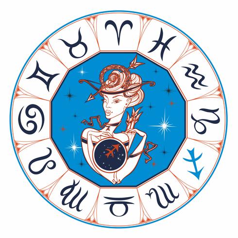 Stjärntecken Skytten En vacker tjej. Horoskop. Astrologi. Vektor. vektor