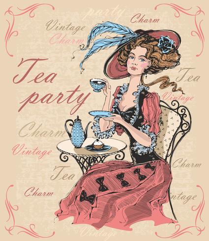 Vintage dam i en hatt dricka te. Lady i crinoline. Tea Party. Charm. Årgång. Inskriptioner. Tid att dricka te. Vektor