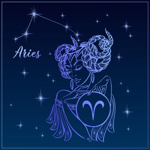 Zodiac sign Väduren som en vacker tjej. Constellation of Aries. Natthimlen. Horoskop. Astrologi. Vektor. vektor