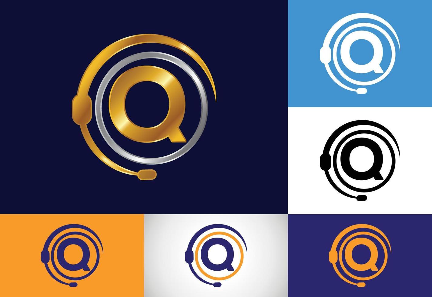 Anfangsbuchstaben des q-Monogramms und Support-Service mit Kopfhörern. Kopfhörer-Logo. Hotline-Kundenberatung, Call-Center-Hilfe vektor