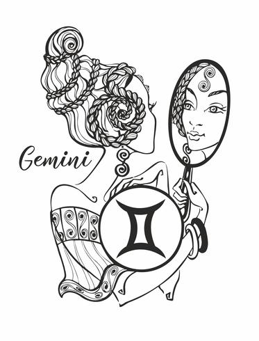 Zodiac tecken Gemini en vacker tjej. Horoskop. Astrologi. Färg. Vektor. vektor