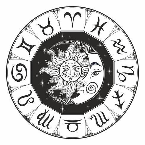 Zodiaken. Astrologisk symbol. Horoskop. Solen och månen. Astrologi. Mystisk. Färg. Vektor. vektor