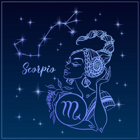Sternzeichen Skorpion als schönes Mädchen. Das Sternbild Skorpion. Nachthimmel. Horoskop. Astrologie. Vektor. vektor