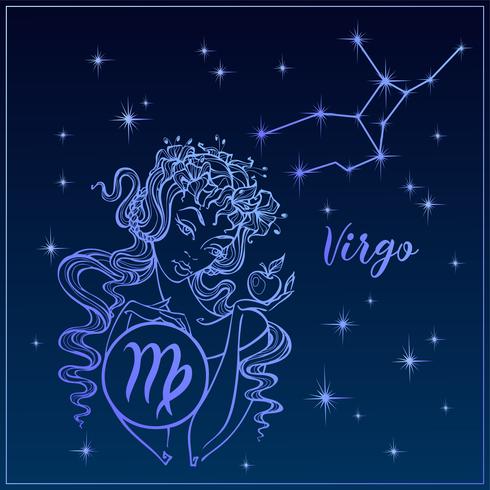 Zodiac Sign Virgo som en vacker tjej. Virgilens konstellation. Natthimlen. Horoskop. Astrologi. Vektor. vektor