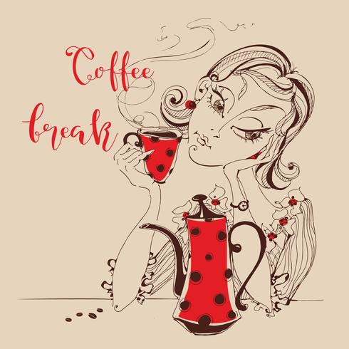 Tjej dricker kaffe. Inbrytning på kaffepausen. Tecknad stil. Röd kaffekanna och mugg. Vektor illustration
