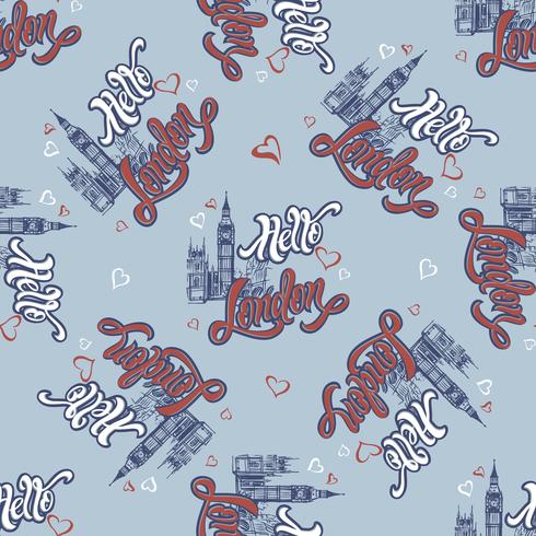 Seamless pattern.Hello London. Text. Sketch Big Ben. England. Blå bakgrund. Vektor. vektor