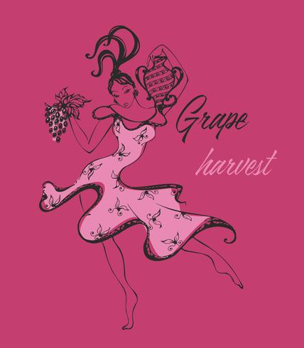 Logo för vinetiketter. Dansande tjej med vindruvor. Skörden av druvorna. Tjej med en burk vin. Italien. Vinodling. Vektor. vektor
