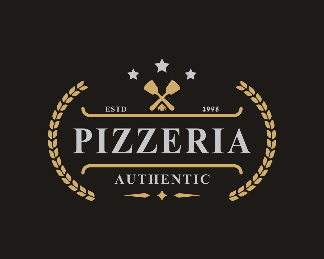 vintage retro-abzeichen für spachtel pizza pizzeria logo emblem design symbol vektor