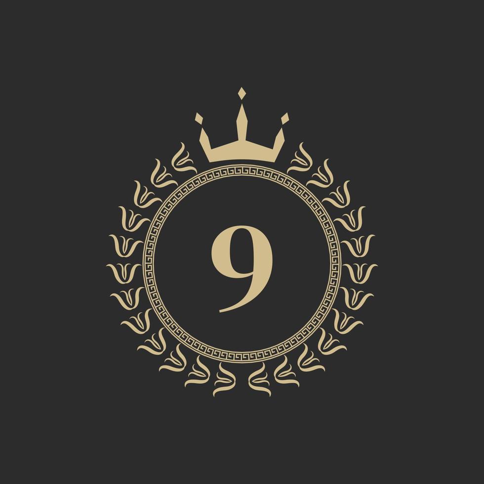 nummer 9 heraldischer königlicher rahmen mit krone und lorbeerkranz. einfaches klassisches Emblem. runde Komposition. Grafikstil. Kunstelemente für Logodesign-Vektorillustration vektor