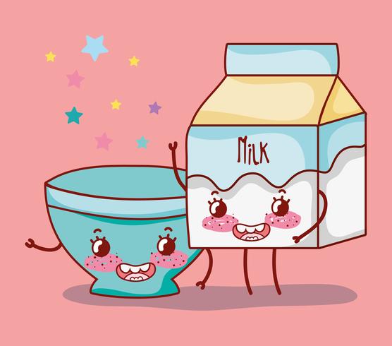 Mjölklåda och tom skål kawaii tecknad film vektor