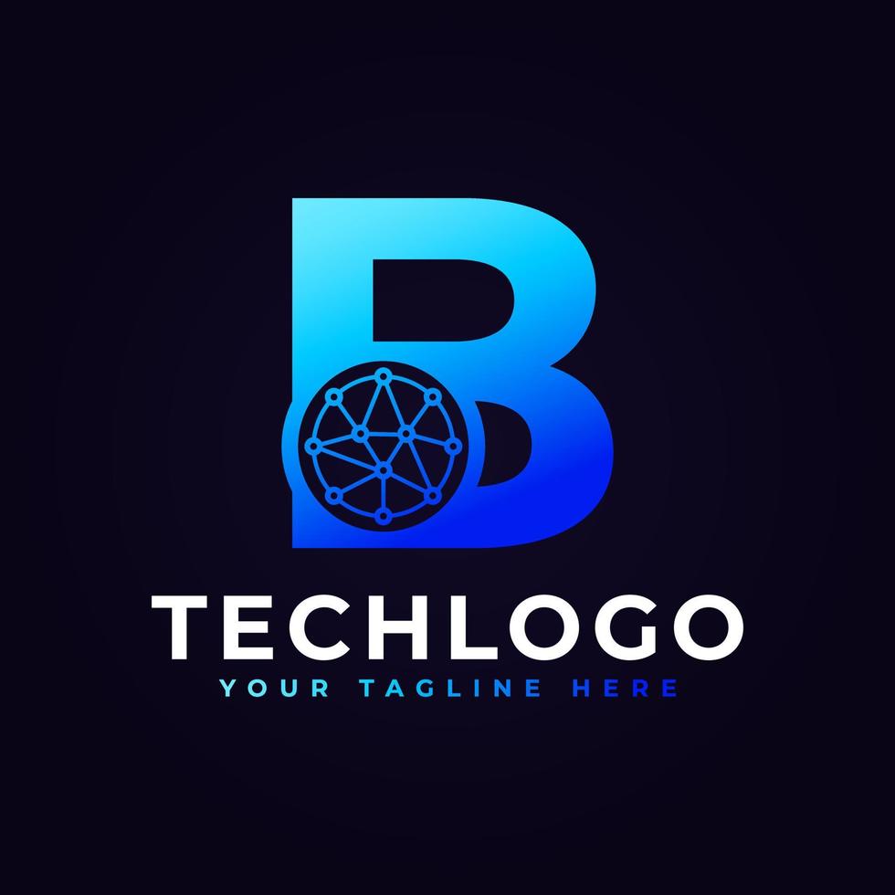 tech bokstaven b logotyp. blå geometrisk form med punktcirkel ansluten som nätverkslogotyp vektor. användbar för företags- och tekniklogotyper. vektor