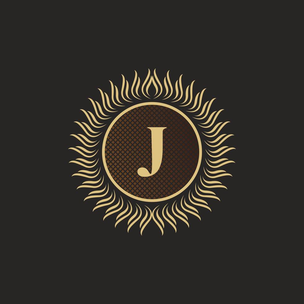 emblem bokstaven j guld monogram design. lyx volumetrisk logotyp mall. 3d linje prydnad för affärsskylt, märke, vapen, etikett, boutiquemärke, hotell, restaurang, heraldiskt. vektor illustration