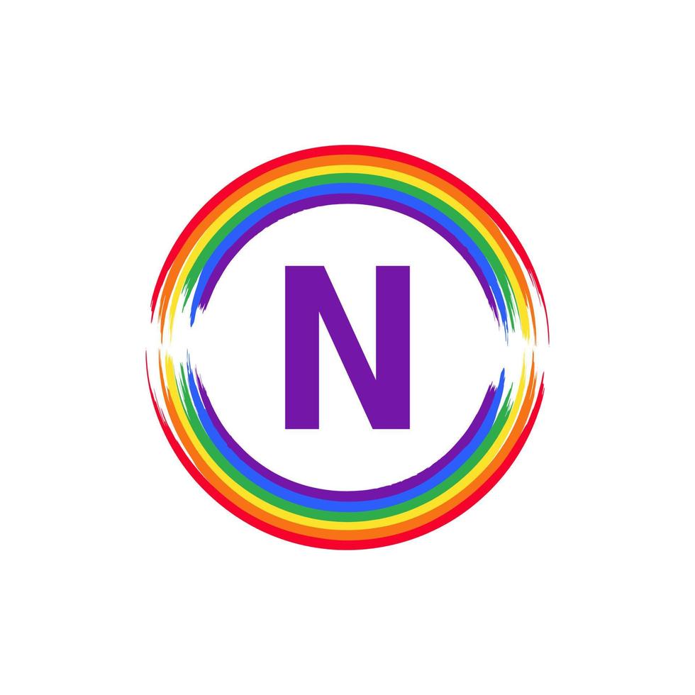 buchstabe n innen kreisförmig gefärbt in regenbogenfarbe flaggenpinsel logo design inspiration für lgbt-konzept vektor