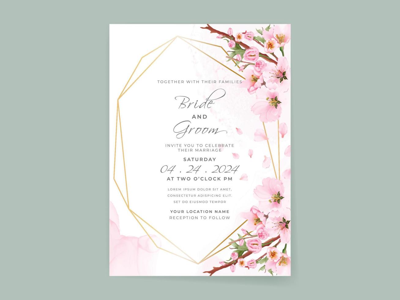 vacker mjuk rosa sakura bröllop inbjudningskort mall vektor
