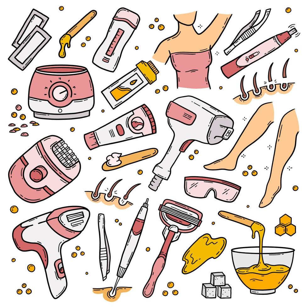 epilering, hårborttagning och metoder för kroppshårborttagning, vektoruppsättning ikoner i tecknad doodlestil. sugaring, rakhyvel, fotoepilator, laser och elektroepilering. rosa element på en vit bakgrund. vektor