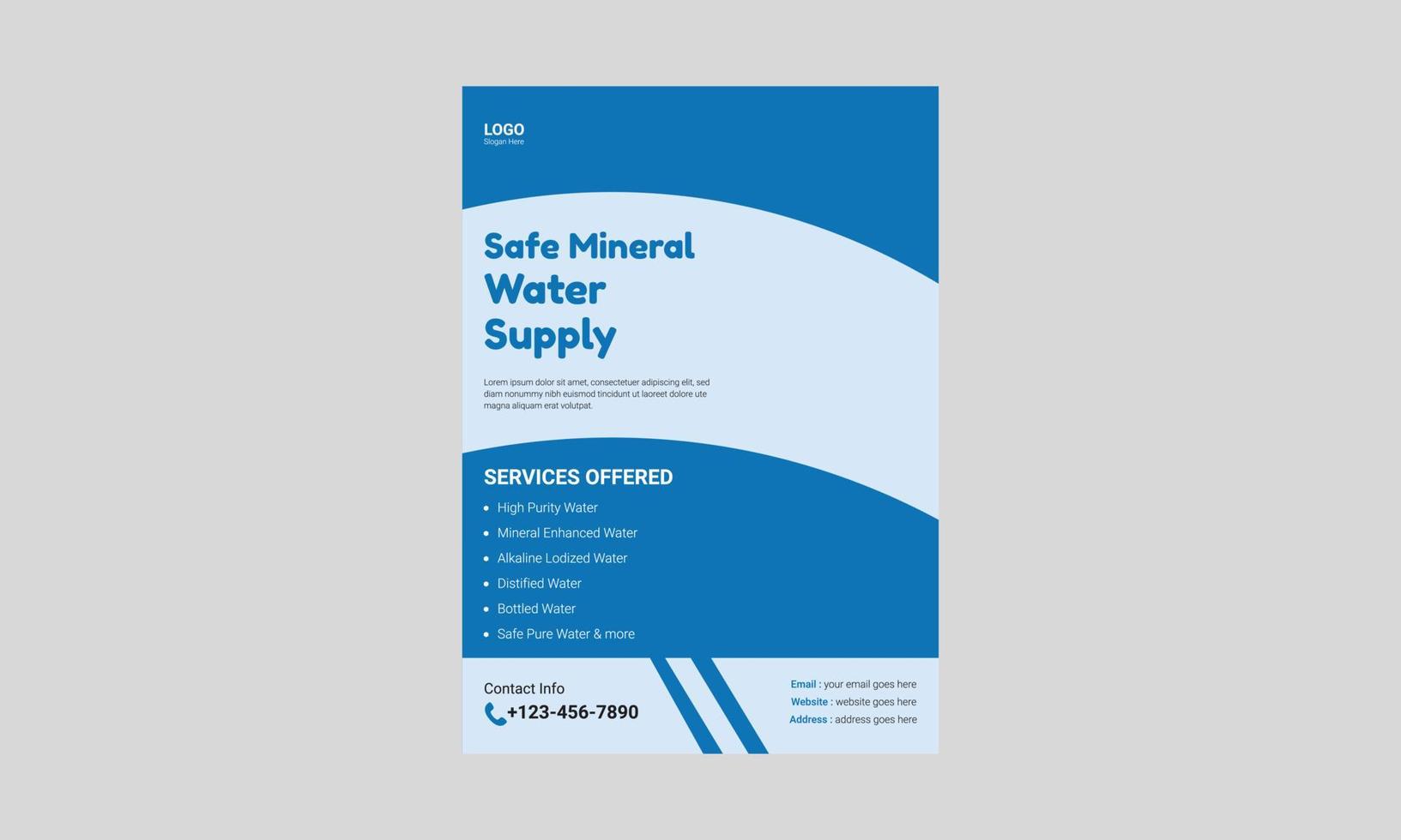 Flyer-Design für den Wassernachfüllservice. Plakatvorlage für reines Wasser trinken. Süßwasser-Service-Flyer-Vorlage, Cover, A4-Format, Flyer, Poster, Faltblatt, druckfertig vektor