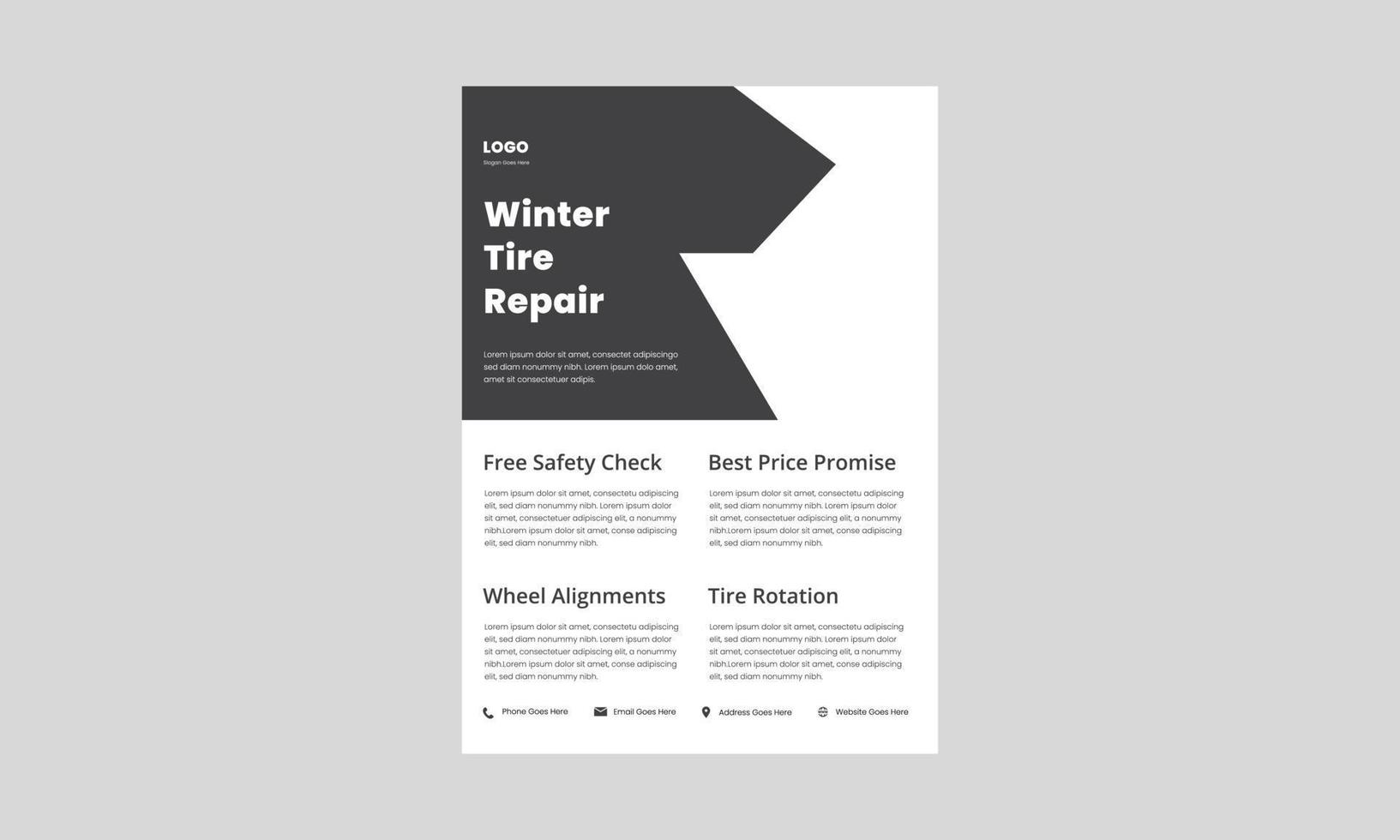 Designvorlage für Reifenreparaturservice-Flyer. lokales reifenreparaturdienstplakat, broschürendesign. Seien Sie bereit für den Winterreifen-Reparatur-Flyer. vektor