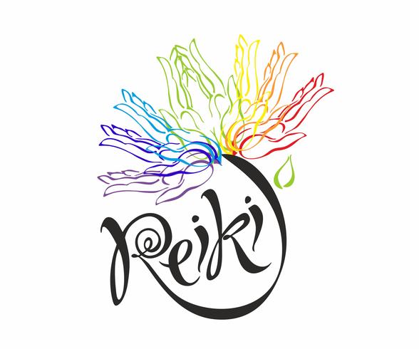 Reiki-Energie. Logo. Heilende Energie. Blume des Regenbogens von den Palmen des Mannes. Alternative Medizin. Spirituelle Praxis. Vektor. vektor