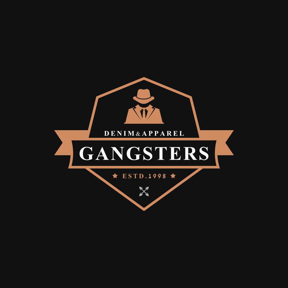 vintage retro märke för gangsters och maffiaman i svart kostym logotyp emblem designsymbol vektor