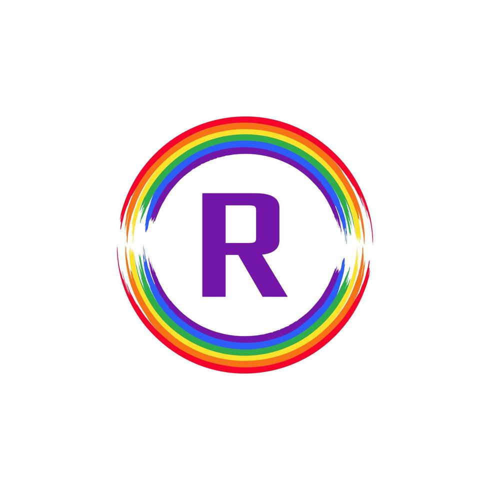 buchstabe r innen kreisförmig gefärbt in regenbogenfarbe flaggenpinsel logo design inspiration für lgbt-konzept vektor