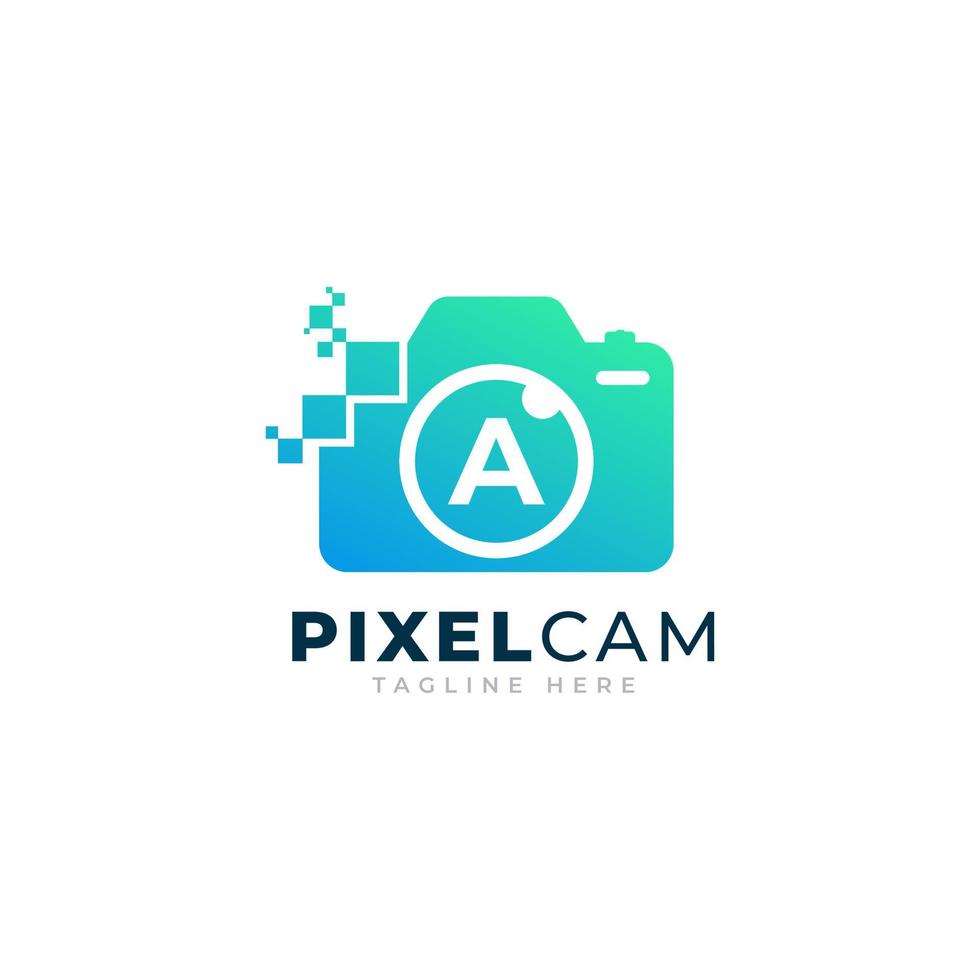 bokstav en insida kamera foto pixel teknologi logotyp designmall vektor