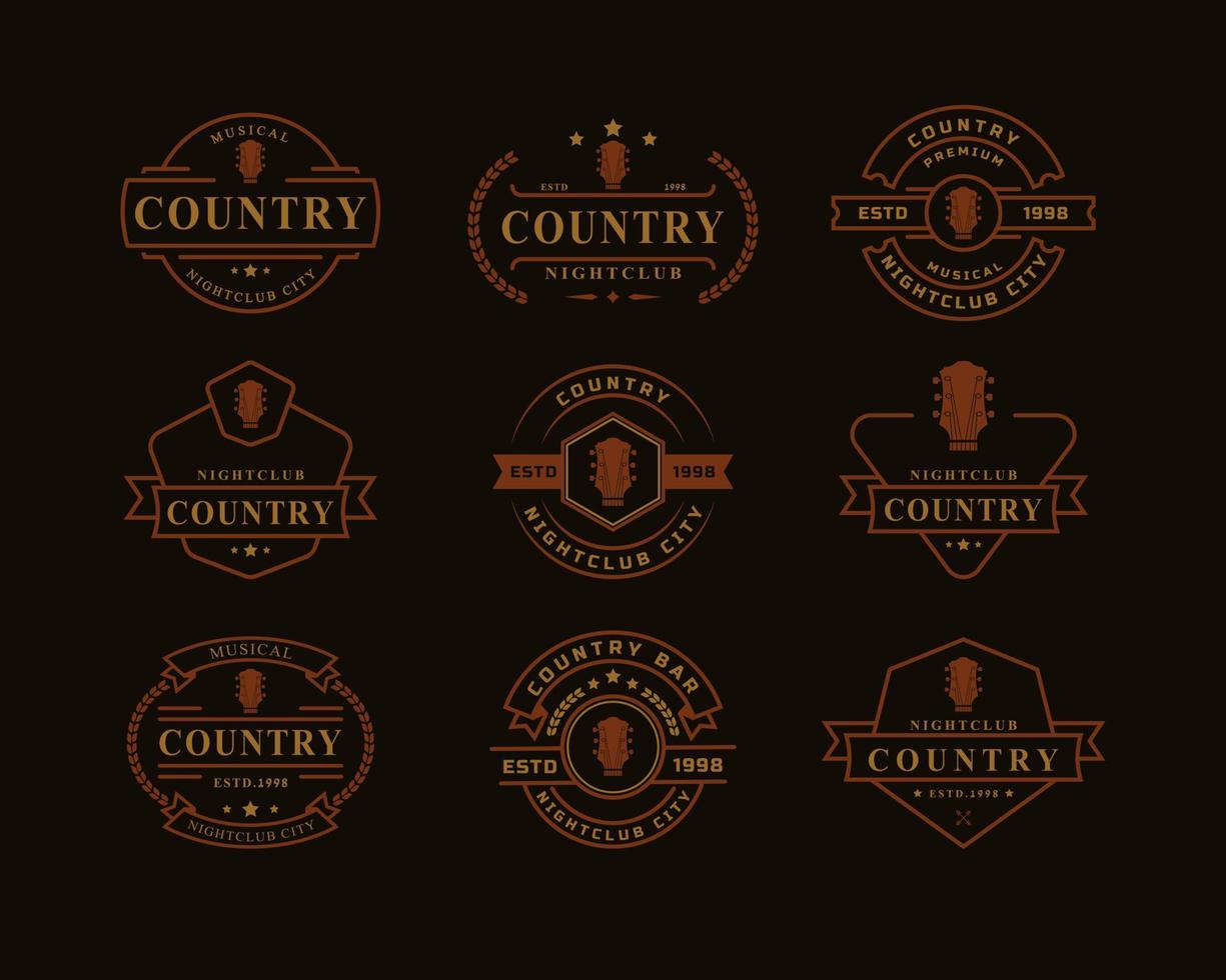 Satz von Vintage-Retro-Abzeichen für Country-Gitarrenmusik Western Saloon Bar Cowboy-Logo-Emblem-Symbol vektor