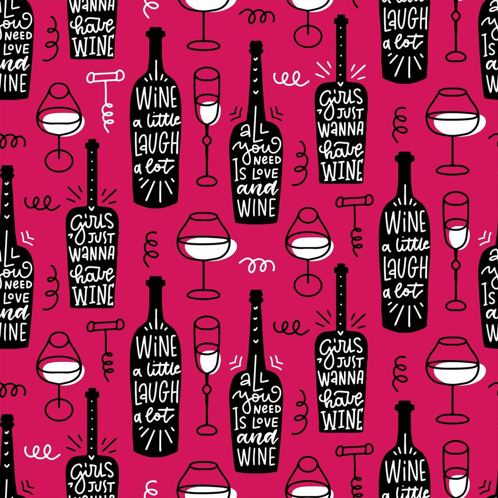 kreativa sömlösa mönster med vinflaska, glas, korkskruv och roliga drinkbokstäver på magenta bakgrund. koncept för omslagspapper, kort. handritad vektorillustration i doodle stil. vektor