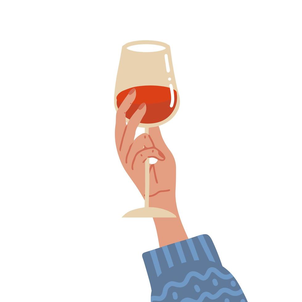 hand i stickad tröja med ett glas rött vin. isolerade platt handritad vektorillustration. vektor