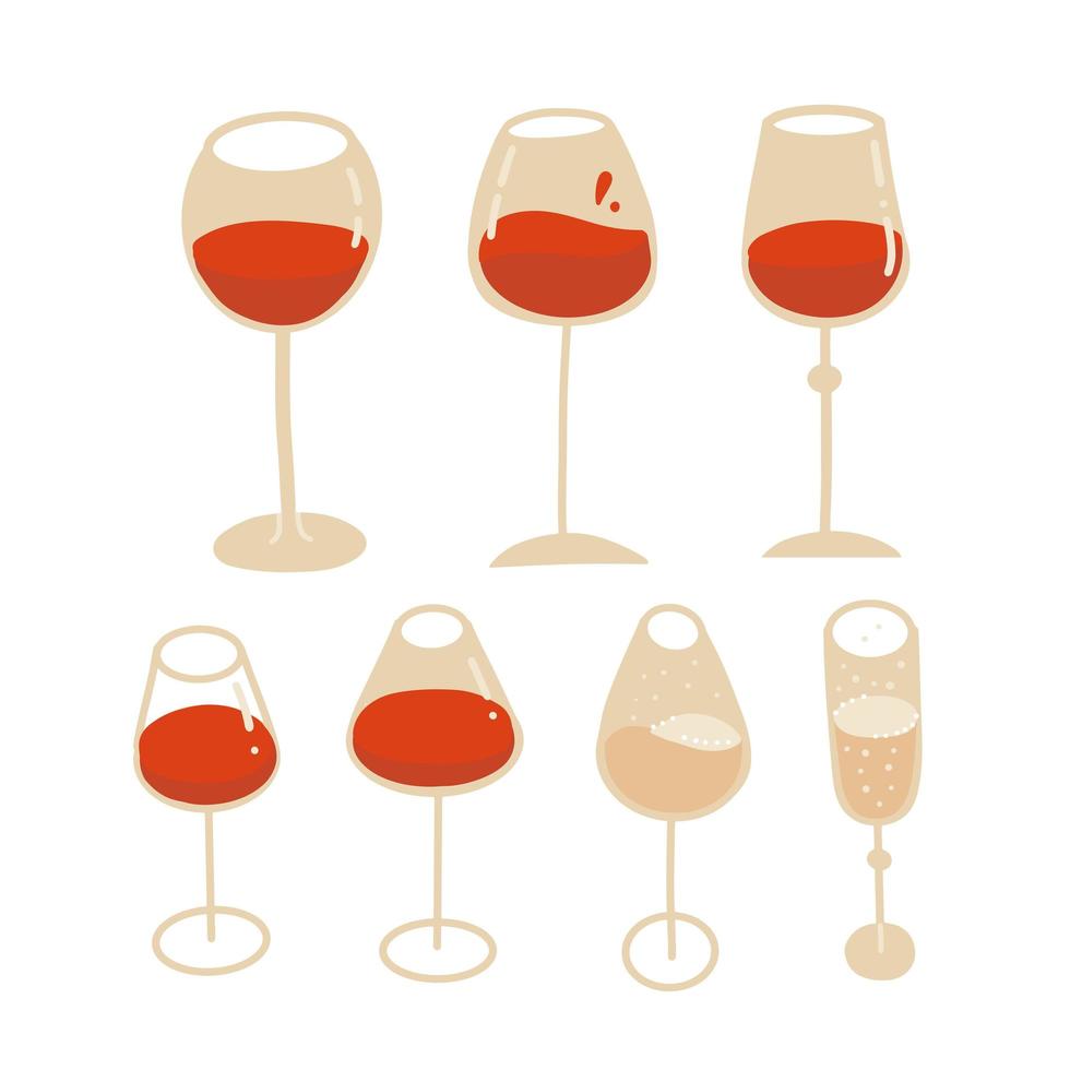 Glaswaren für Getränkesets. Gläser mit Wein und Champagner. vektor hand gezeichnete flache illustration