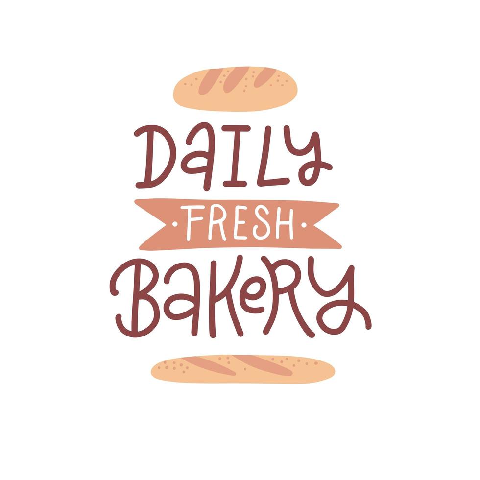 täglich frische bäckerei - schriftzug isoliertes konzept. bäckerei buntes flaches emblem mit brot, laib, baguette. Retro-Bäckerei-Logo-Konzept, vektor