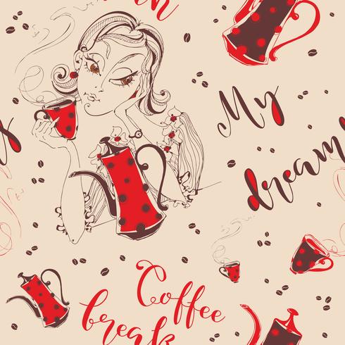 Nahtloses Muster. Mädchen trinkt Kaffee. Kaffeepause. Mein Traum. Stylischer Schriftzug. Kaffeekanne und Tasse Kaffee. Kaffeebohne. Vektor. vektor