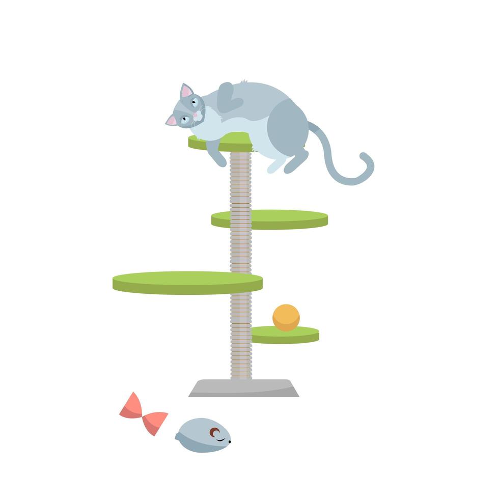 söt ung grå katt liggande på skrapstolpe med kattleksaker. platt tecknad stil vektor karaktär illustration på whita bakgrund.